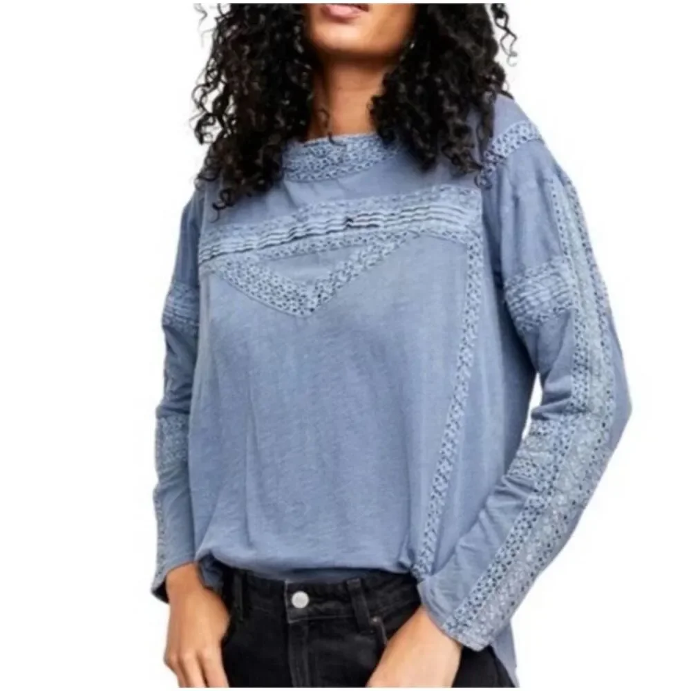 Free People Womens Boy Meets Girl Crochet Long Sleeve Top Pacific Coast‎ XS NWT